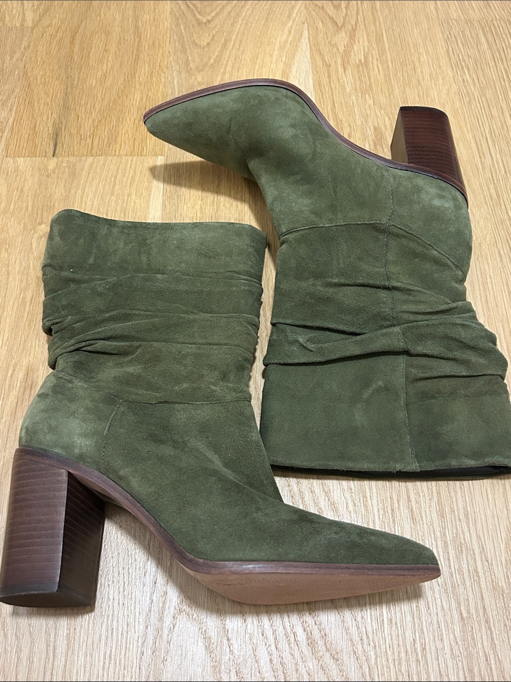 Schultz Olive Green Suede Pointed-Toe Mid-Calf Block Heel Boots